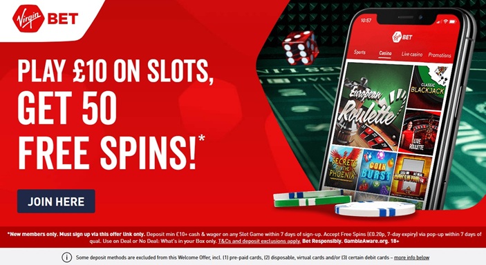 virgin bet casino welcome offer of spend £10 on slots, get £20